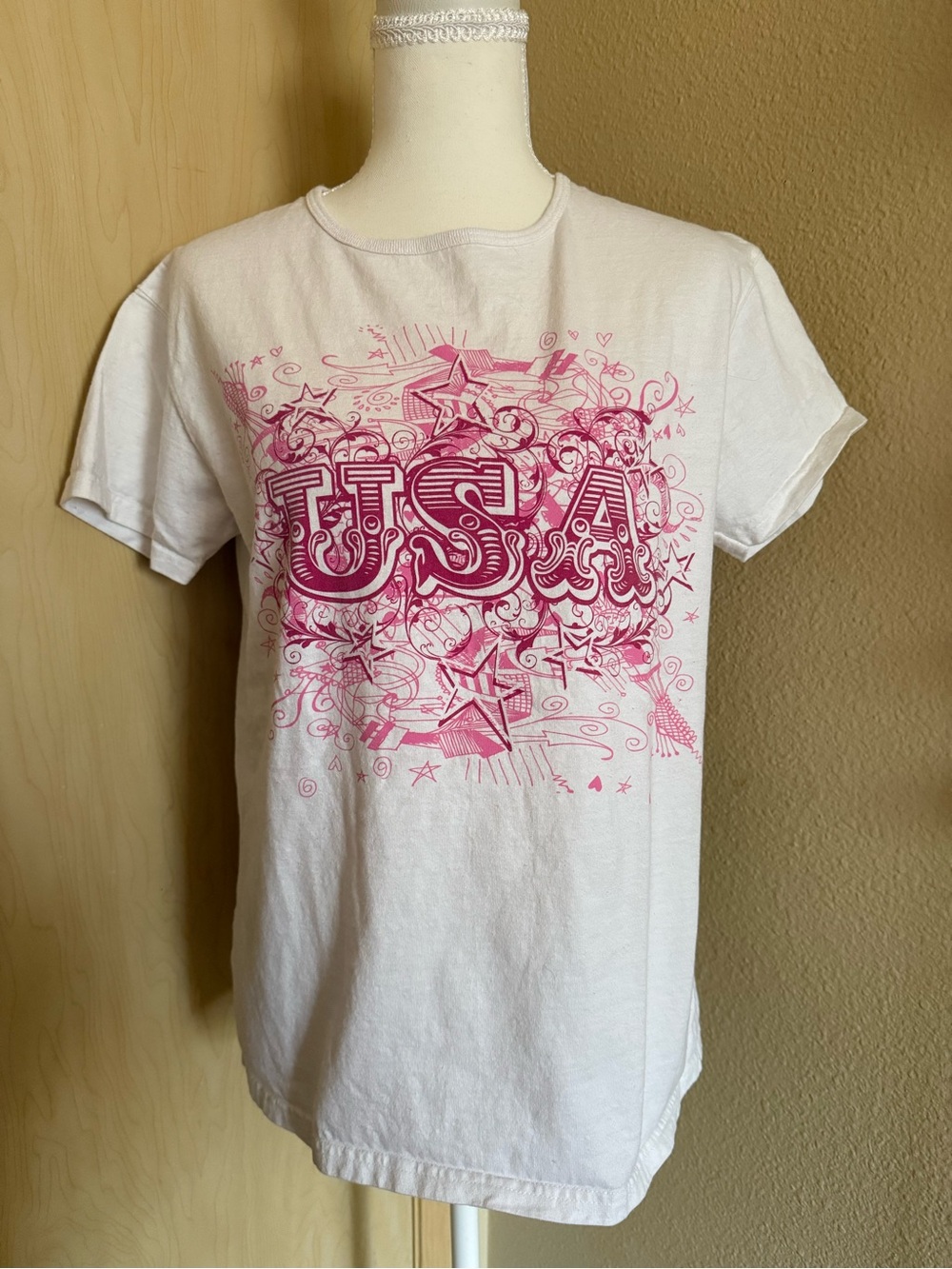Fruit of the Loom White Tee with Pink USA Graphic